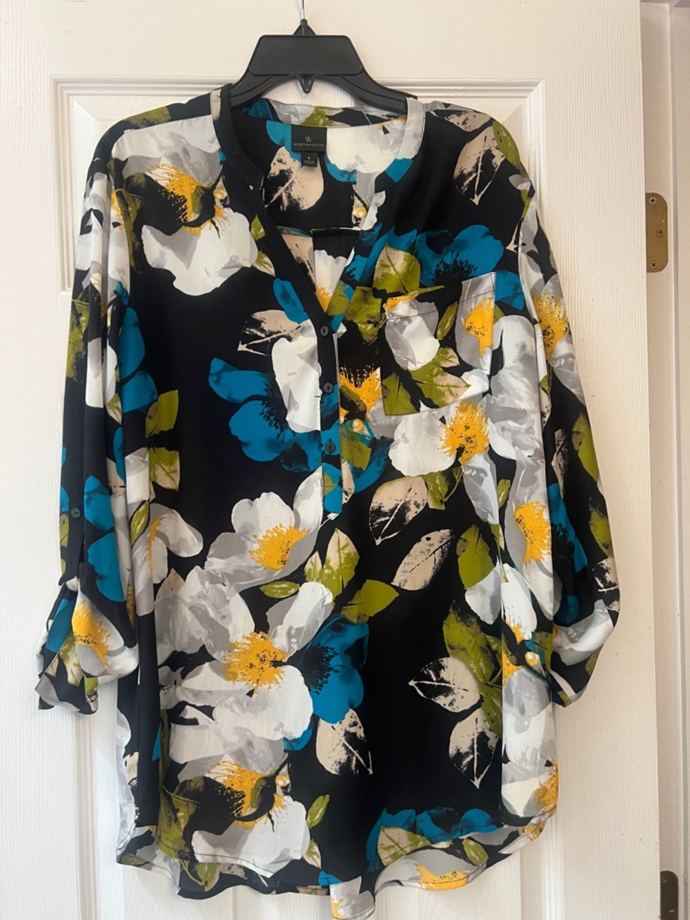 W by Worth Black Floral Tunic Blouse with Teal, White & Yellow Accents